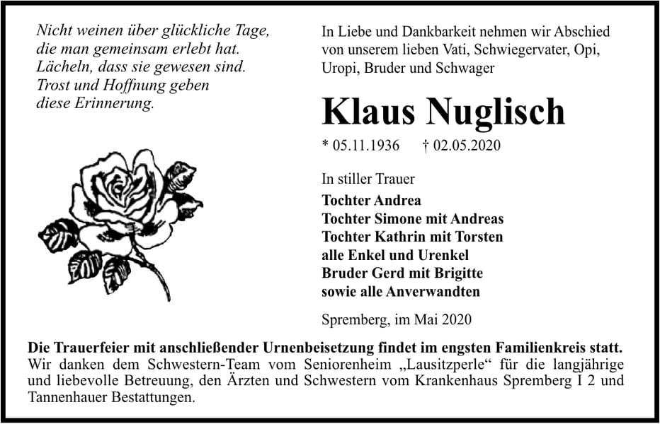 Danksagung Klaus Nuglisch
