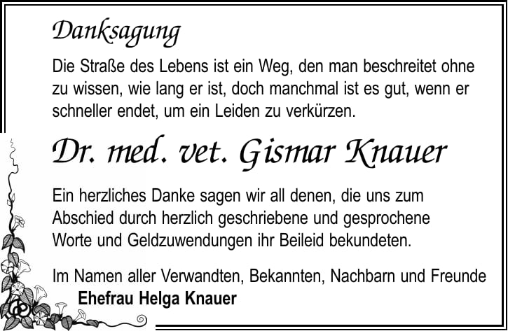 Danksagung Dr. med. vet. Gismar Knauer
