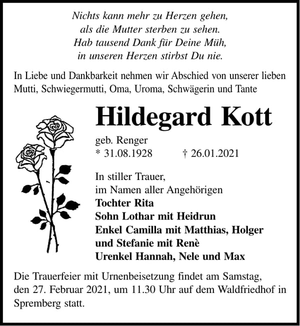 Traueranzeige Hildegard Kott, geb. Renger