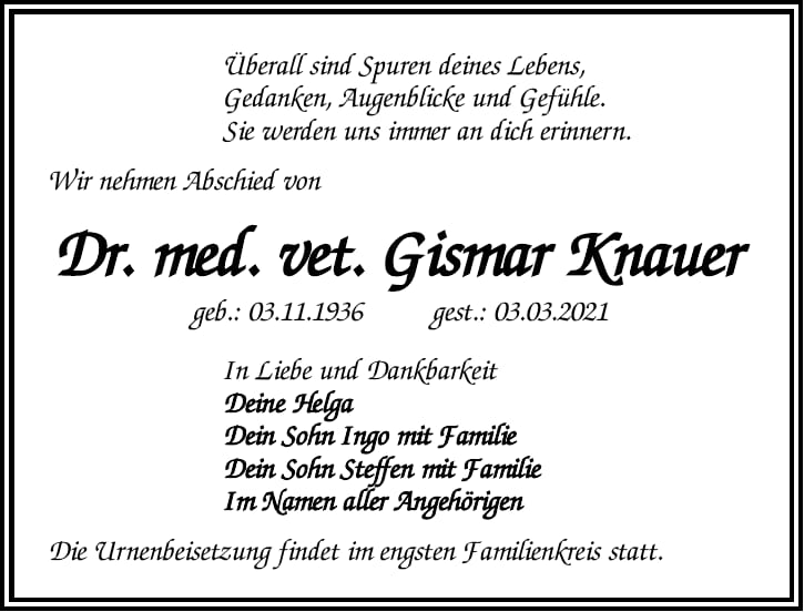 Traueranzeige Dr. med. vet. Gismar Knauer