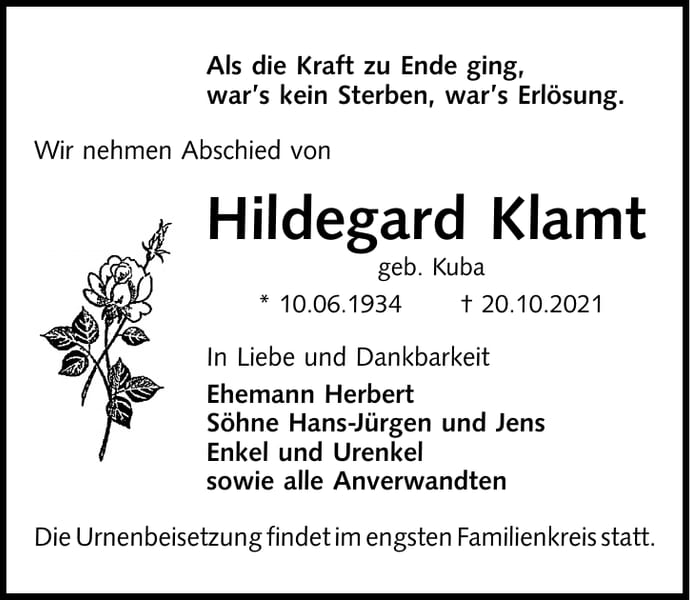 Traueranzeige Hildegard Klamt, geb. Kuba
