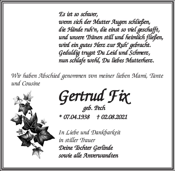 Traueranzeige Gertrud Fix, geb. Pech