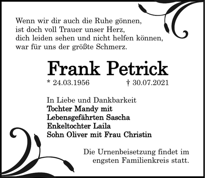 Traueranzeige Frank Petrick