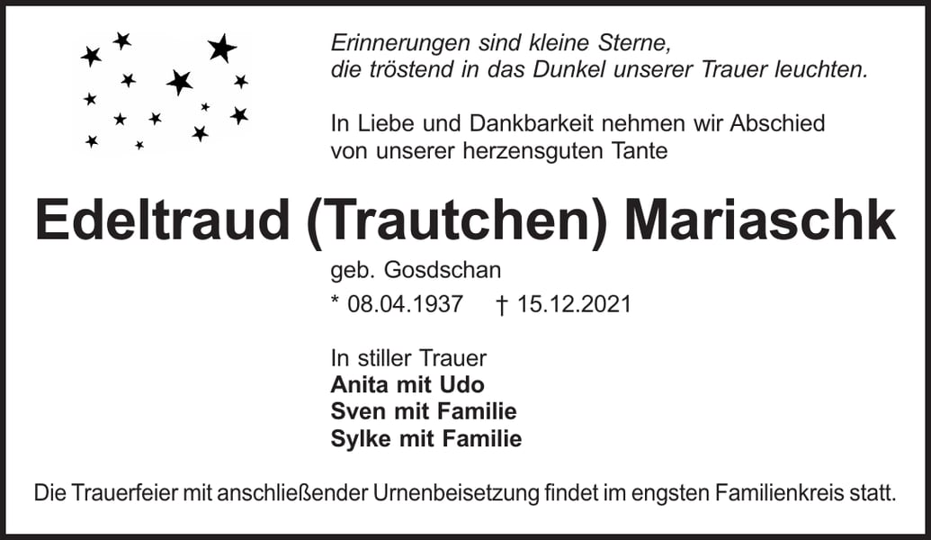 Traueranzeige Edeltraud (Trautchen) Mariaschk, geb. Gosdschan