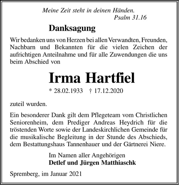 Danksagung Irma Hartfiel
