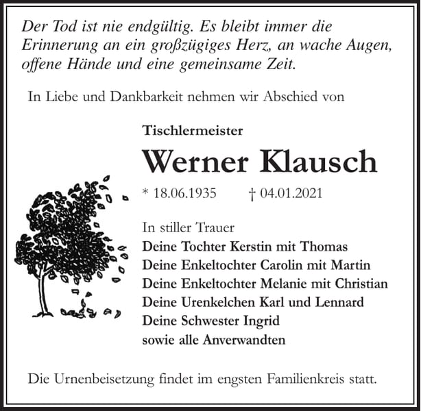 Traueranzeige Werner Klausch