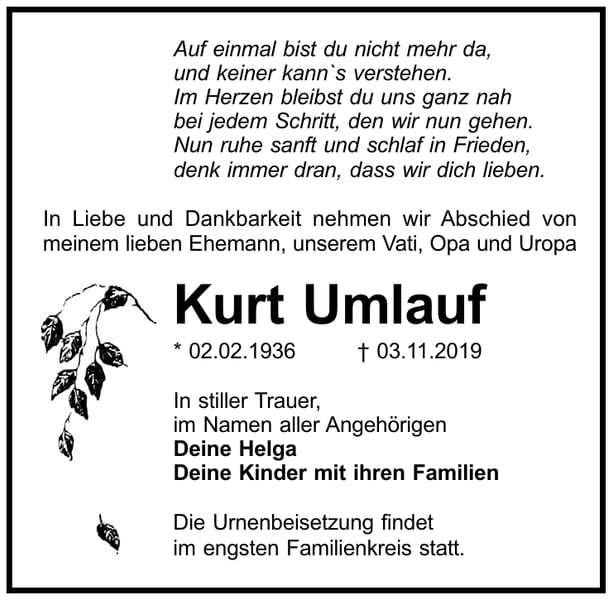 Traueranzeige Kurt Umlauf