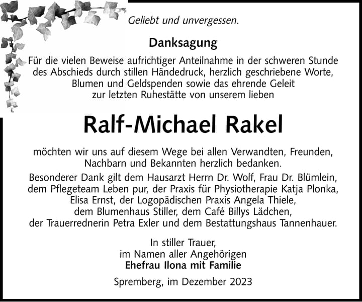 Danksagung Ralf-Michael Rakel