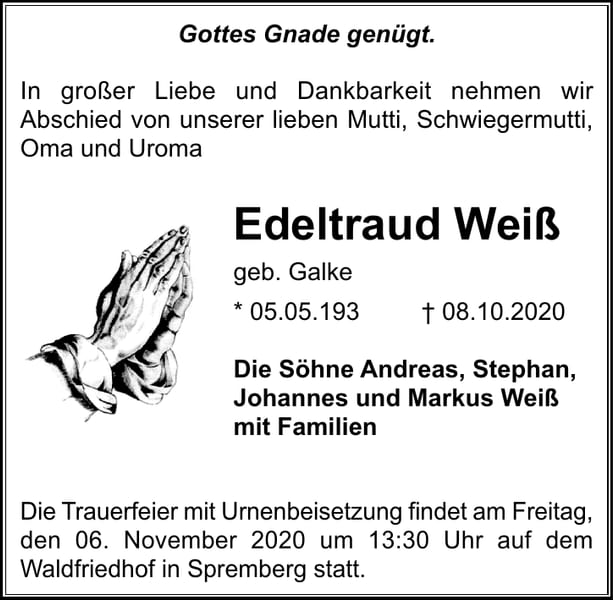 Traueranzeige Edeltraud Weiß, geb. Galke