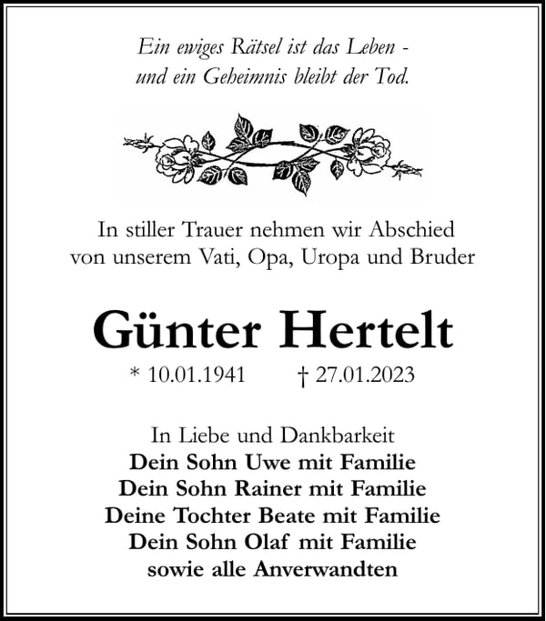 Traueranzeige Günter Hertelt