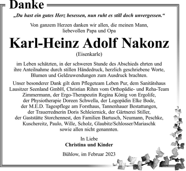 Danksagung Karl-Heinz Adolf Nakonz
