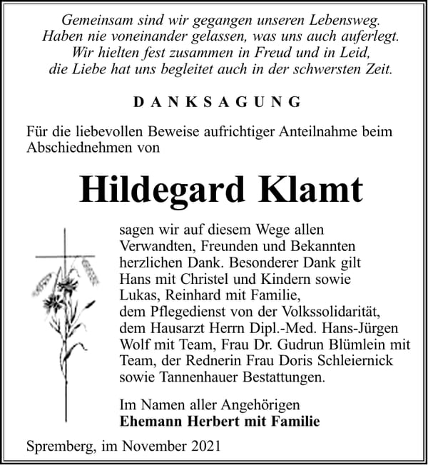Danksagung Hildegard Klamt