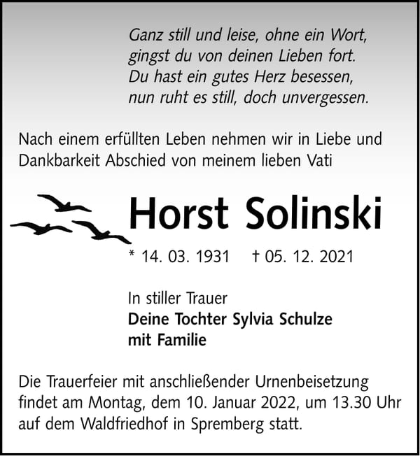 Traueranzeige Horst Solinski