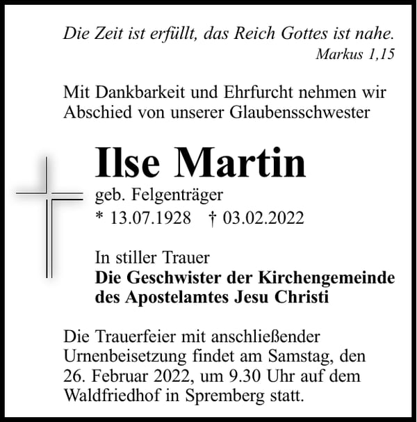 Traueranzeige Ilse Martin, geb. Felgenträger