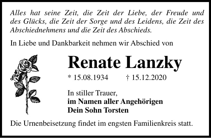 Traueranzeige Renate Lanzky