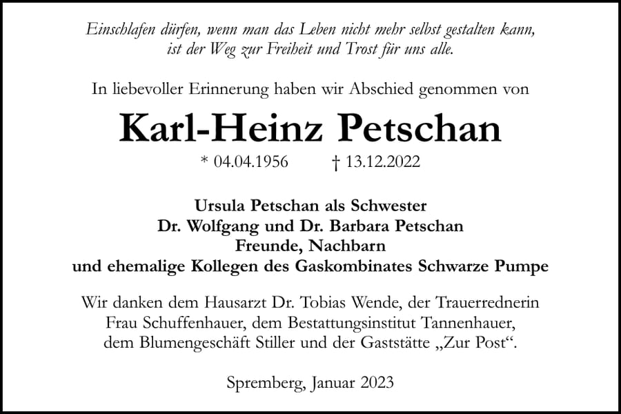 Traueranzeige Karl-Heinz Petschan