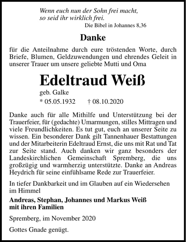 Danksagung Edeltraud Weiß, geb. Galke