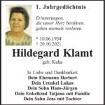 Jahresgedenken Hildegard Klamt, geb. Kuba