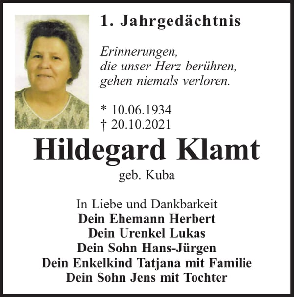 Jahresgedenken Hildegard Klamt, geb. Kuba