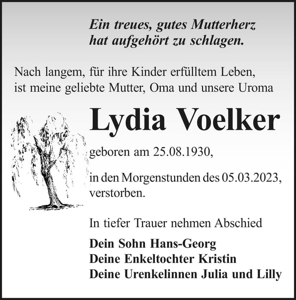 Traueranzeige Lydia Voelker