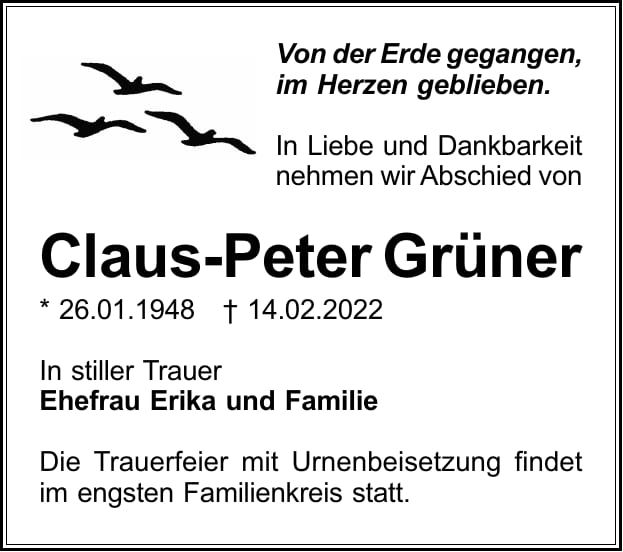 Traueranzeige Claus-Peter Grüner