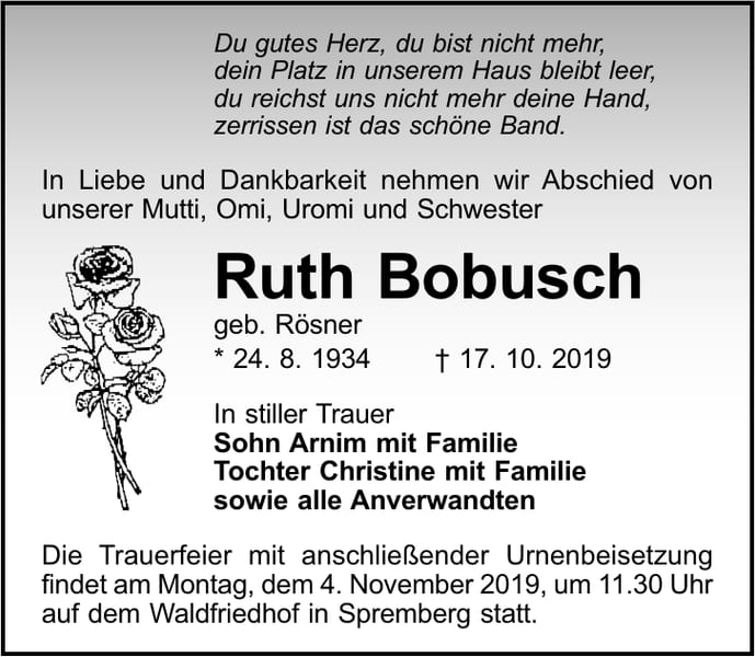 Traueranzeige Ruth Bobusch, geb. Rösner