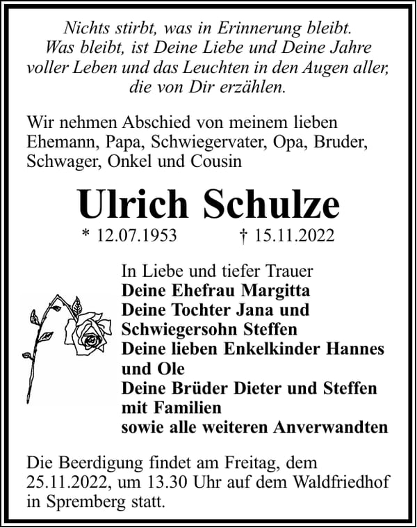 Traueranzeige Ulrich Schulze