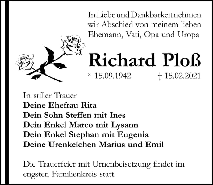 Traueranzeige Richard Ploß