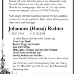 Traueranzeige Johannes (Hansi) Richter