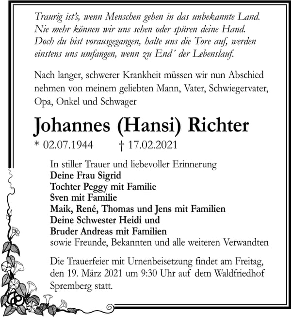 Traueranzeige Johannes (Hansi) Richter
