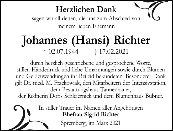 Danksagung Johannes (Hansi) Richter