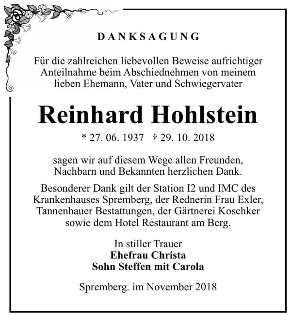Traueranzeige Reinhard Hohlstein