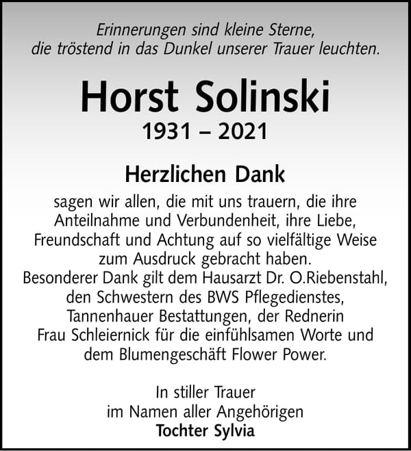 Danksagung Horst Solinski