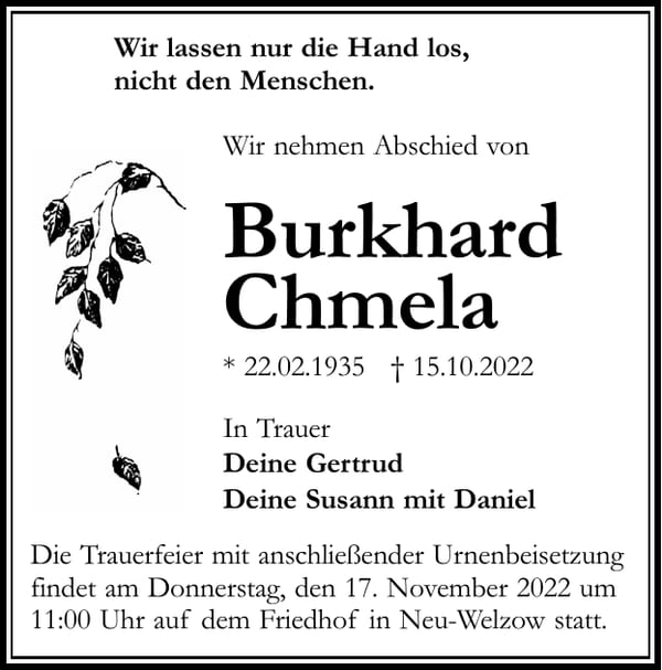 Traueranzeige Burkhard Chmela