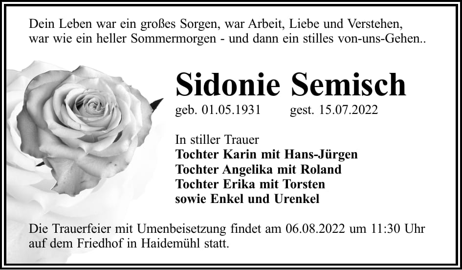 Traueranzeige Sidonie Semisch
