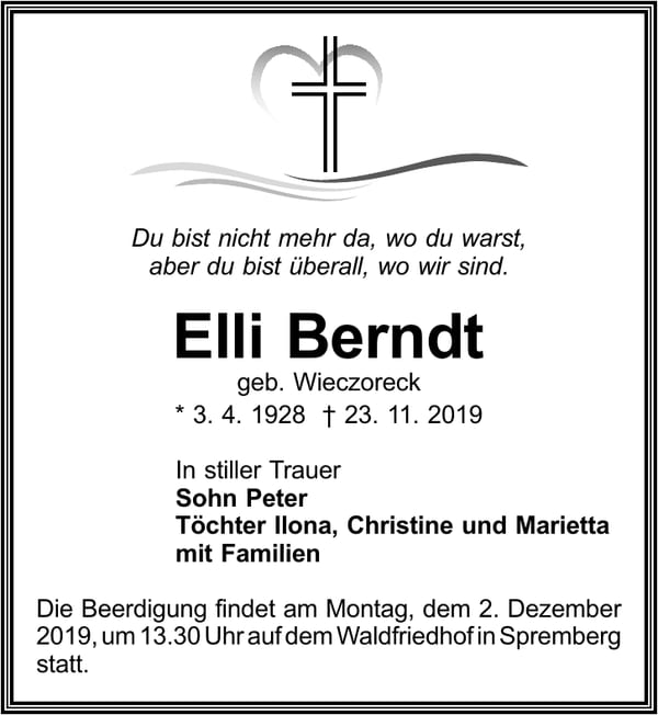 Traueranzeige Elli Berndt, geb. Wieczoreck
