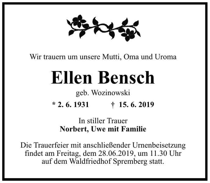 Traueranzeige Ellen Bensch, geb. Wozinowski