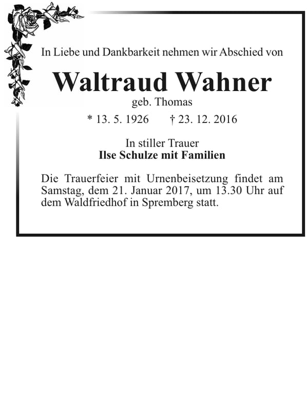 Traueranzeige Waltraud Wahner, geb. Thomas
