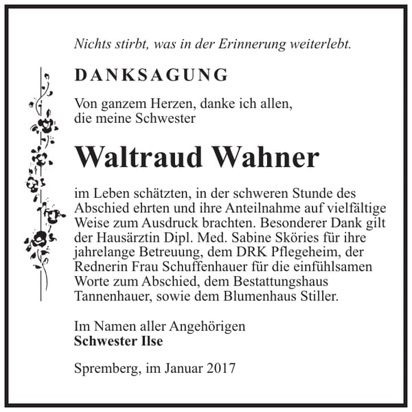 Danksagung Waltraud Wahner