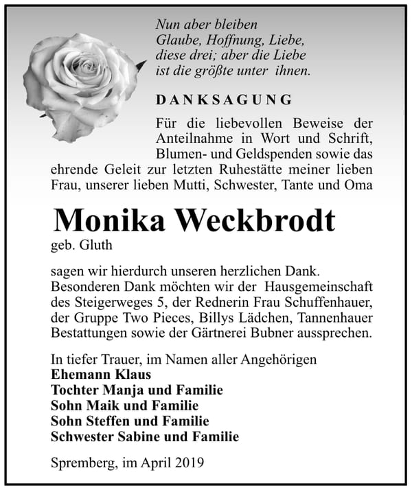 Traueranzeige Monika Weckbrodt, geb. Gluth