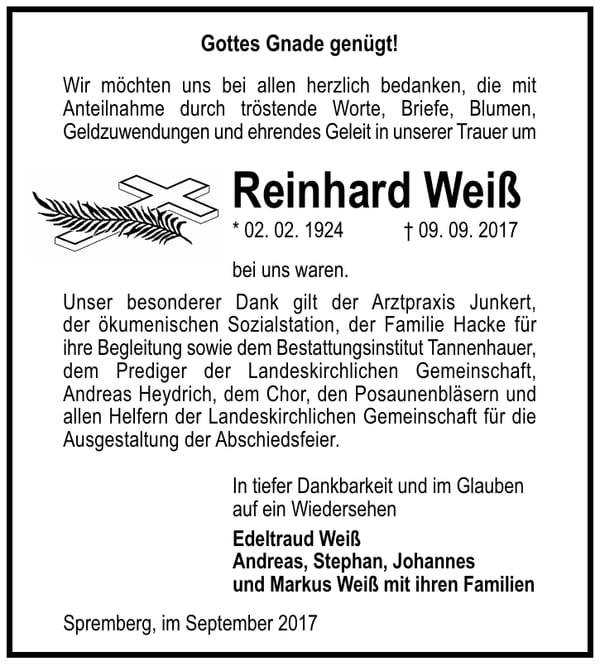Danksagung Reinhard Weiß