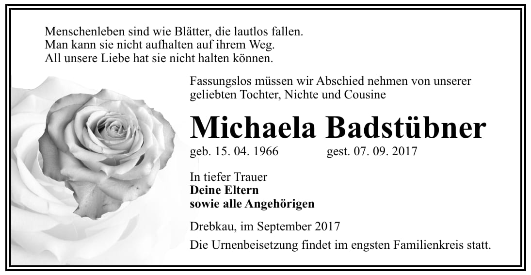 Traueranzeige Michaela Badstübner