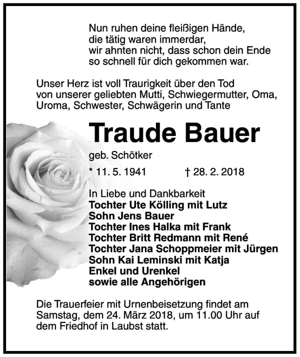 Traueranzeige Traude Bauer, geb. Schötker