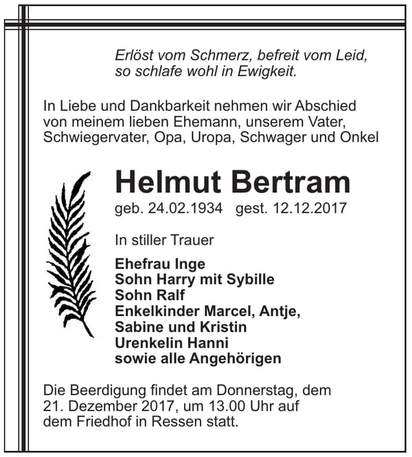 Traueranzeige Helmut Bertram