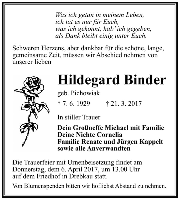 Traueranzeige Hildegard Binder, geb. Pichowiak