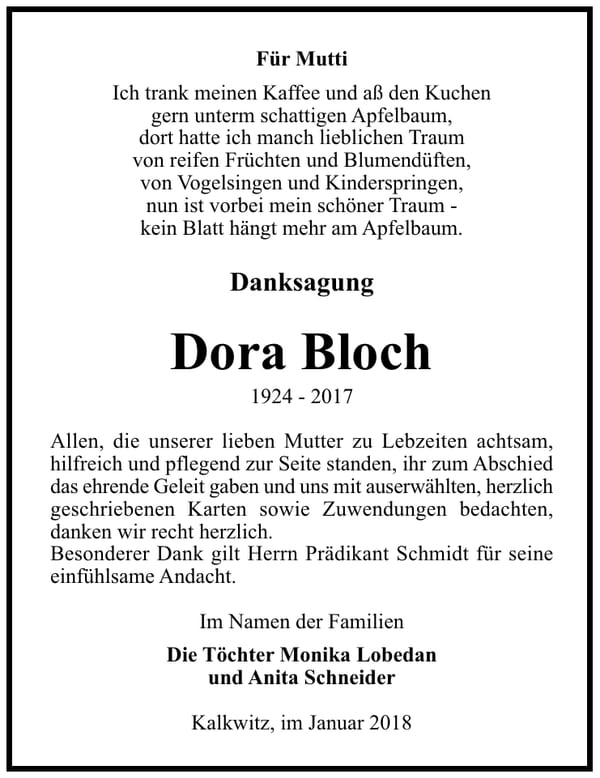 Danksagung Dora Bloch