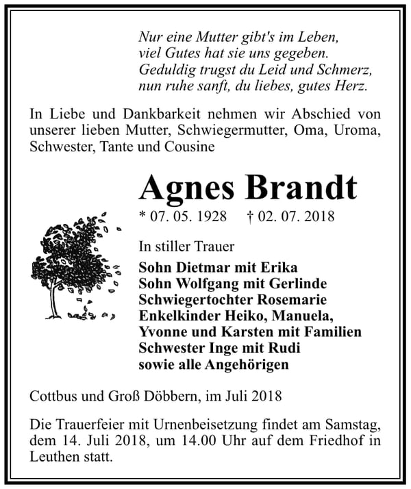 Traueranzeige Agnes Brandt