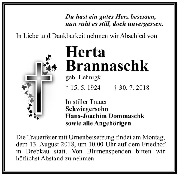 Traueranzeige Herta Brannaschk, geb. Lehnigk