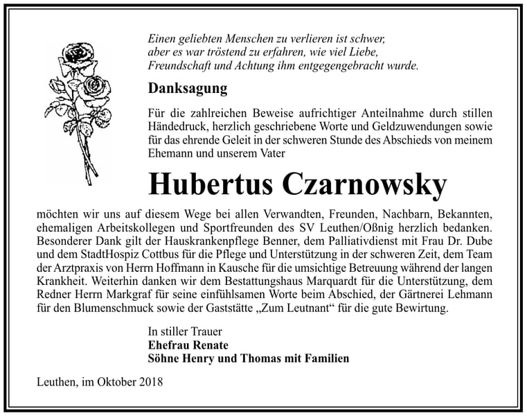 Danksagung Hubertus Czarnowsky