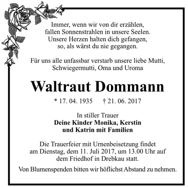 Traueranzeige Waltraut Dommann
